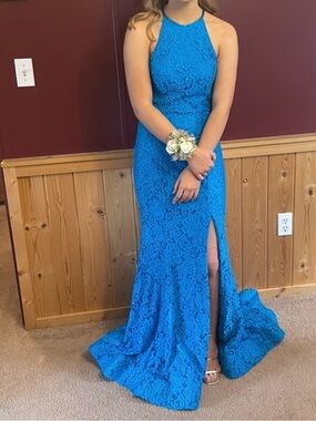 Sherri Hill Teal-Blue Lace Halter Prom Gown with Thigh Slit